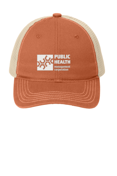 Orange and beige cap with Public Health Management Corporation logo on a white background