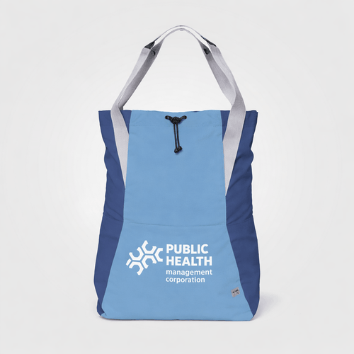 Blue tote bag with 'Public Health Management Corporation' logo on a white background