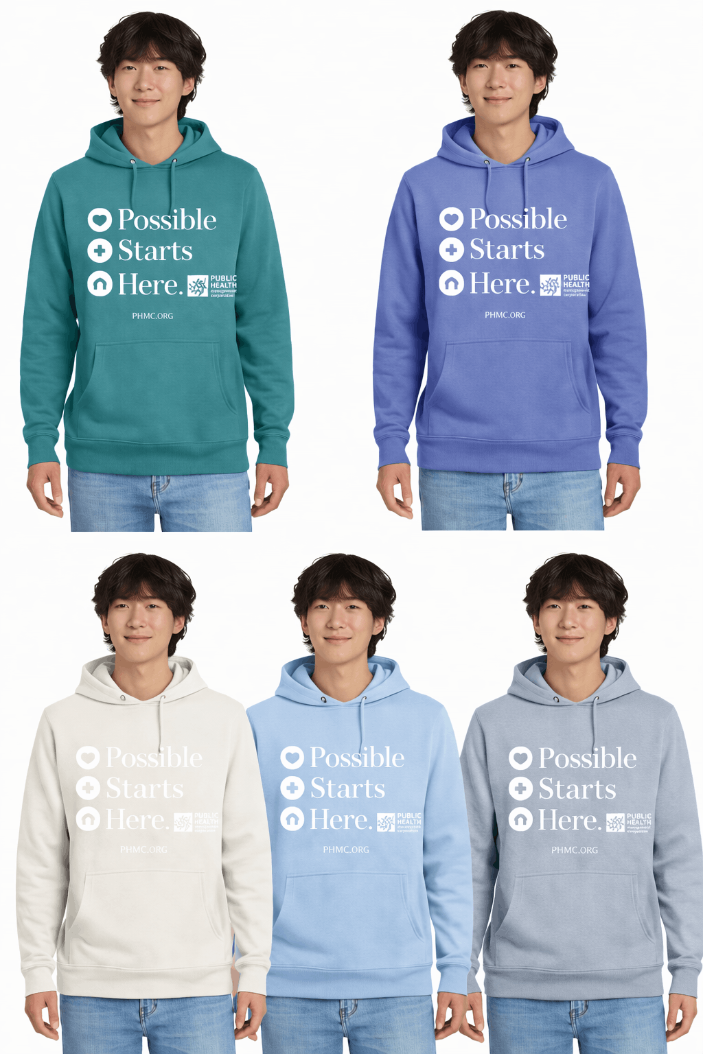 Five people wearing hoodies with 'Possible Starts Here' text on a white background